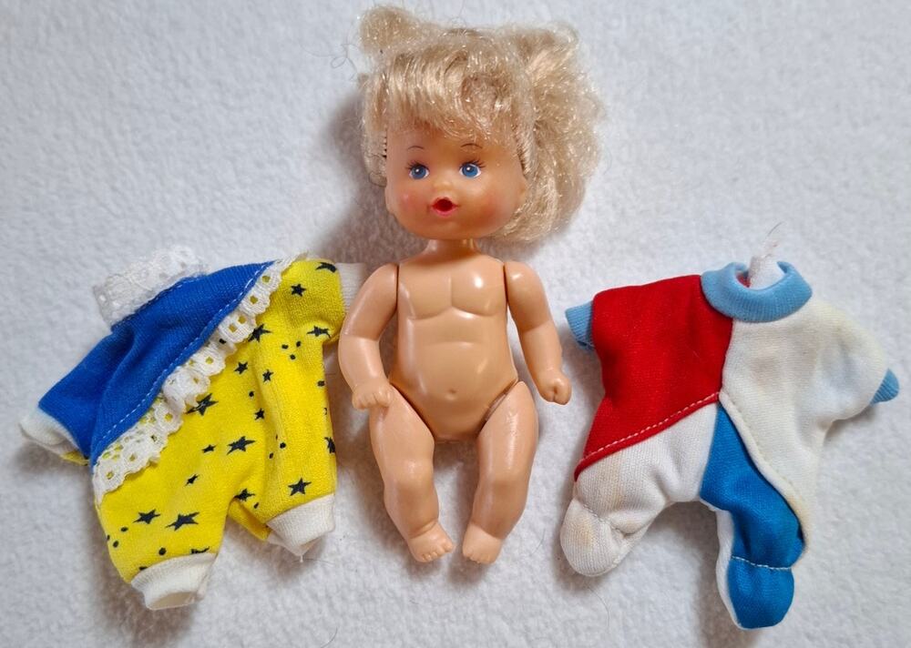 Vintage 90s TT Toy 4 1/4" Mini Baby Doll With Clothes Mouth Holds Bottle